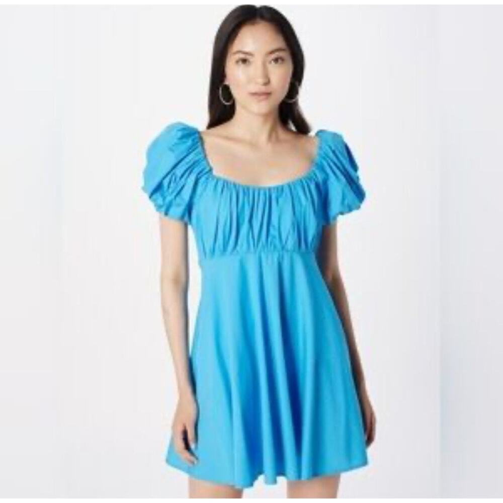 Abercrombie & Fitch Blue Puffed Sleeve Smocked‎ Pull Over Beach Mini Dress Sz MT